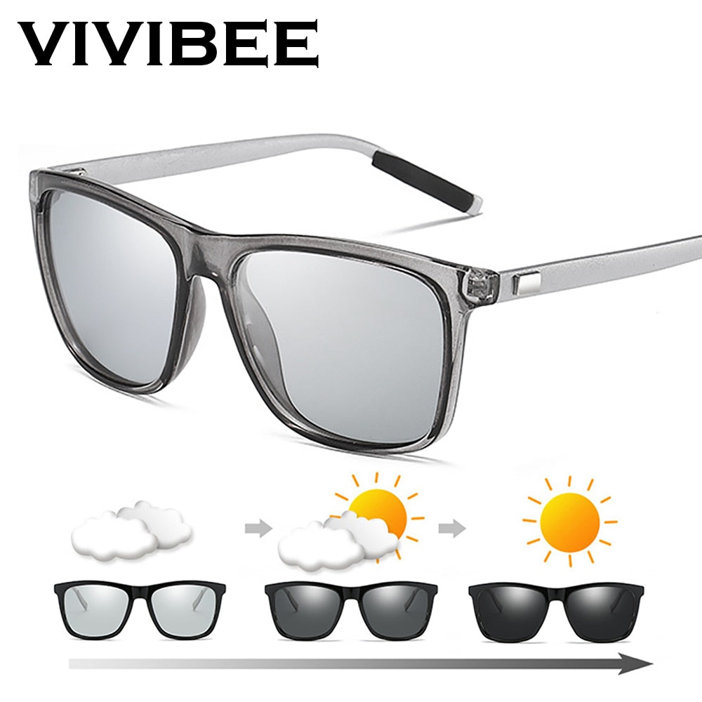 VIVIBEE Color Change Grey Frame Photochromic Polarized Sunglasses Men Square Classic Chameleon Glaases Transition Lens Eyewear
