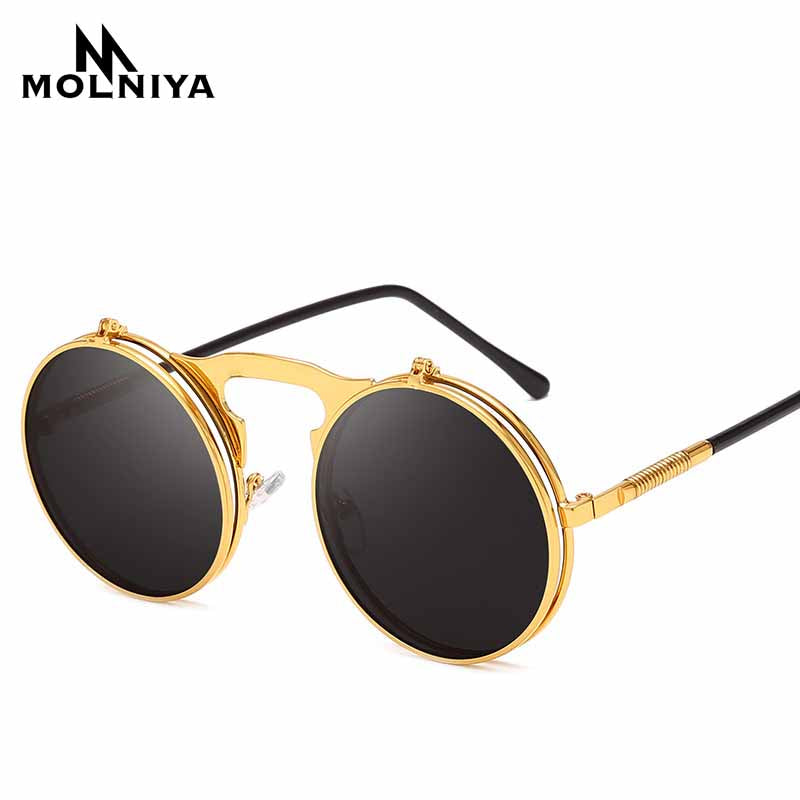 2019 Fashion Classic Men Round Flip Cover Sunglasses Steampunk Women Retro Circle Small Frame Sun Glasses Eyewear UV400